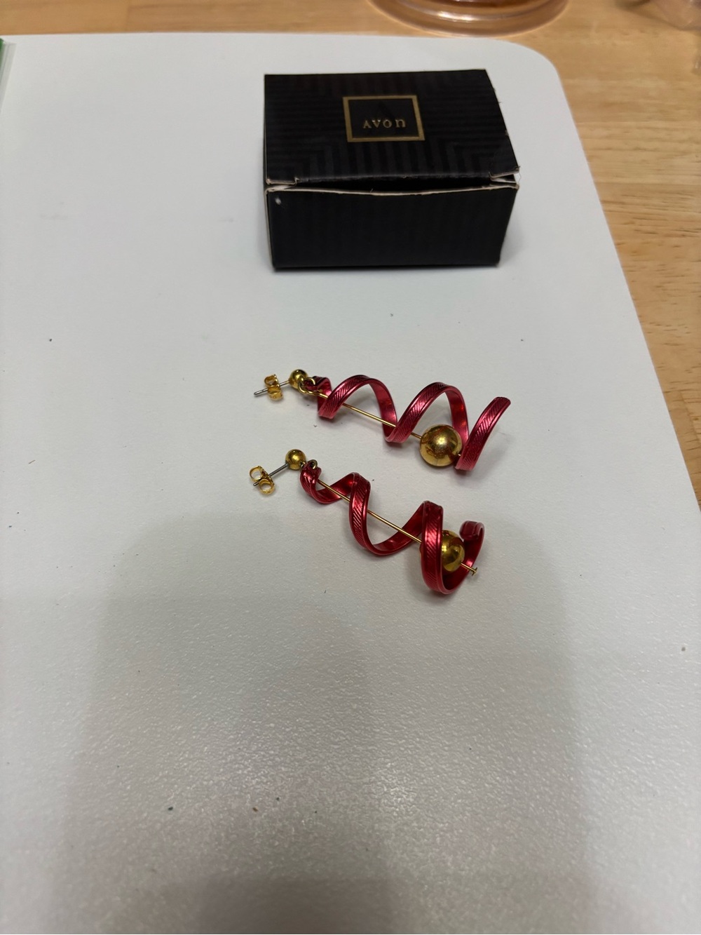 Avon Metal Red Spiral Drop Earrings with Gold Accents